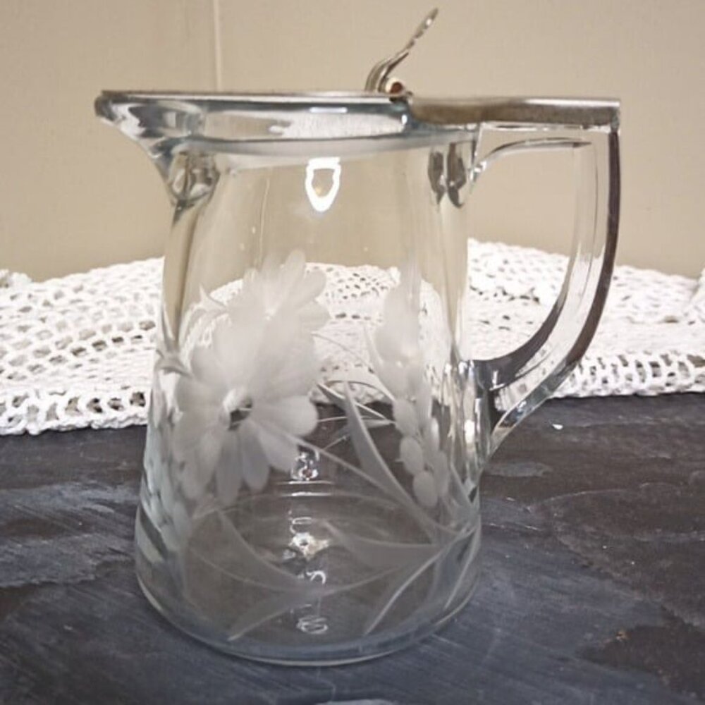 Vintage Cut Crystal Floral Glass Syrup Pourer Dispenser w/Silver Flip Top